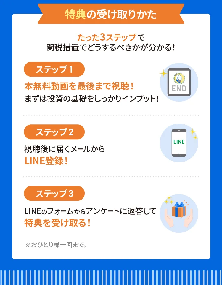 特典の受け取りかたは3ステップ。 たった3ステップで、関税措置でどうするべきかが分かる！ ステップ1 本無料動画を最後まで視聴。 まずは投資の基礎をしっかりインプット！ ステップ2 視聴後に届くメールからLINE登録！ ステップ3 LINEのフォームからアンケートに回答して特典を受け取る！ 特典の受け取りはおひとり様一回までです。