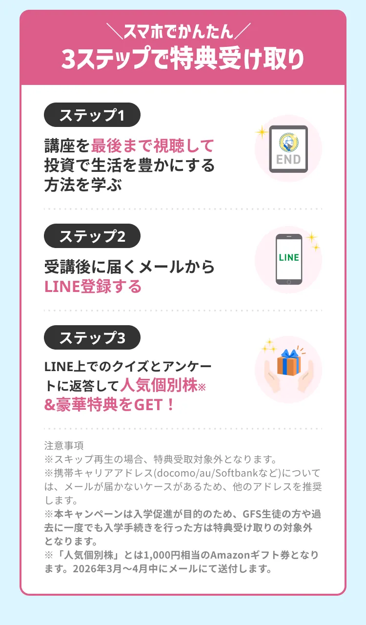 ＼スマホでかんたん／ 3ステップで特典受け取り ステップ1 講座を最後まで視聴して投資で生活を豊かにする方法を学ぶ ステップ2 受講後に届くメールからLINE登録する ステップ3 LINE上でのクイズとアンケートに返答して人気個別株※ & 豪華特典をGET! 注意事項 ※スキップ再生の場合、特典受取対象外となります。 ※携帯キャリアアドレス (docomo/au/Softbankなど)については、メールが届かないケースがあるため、他のアドレスを推奨します。 ※本キャンペーンは入学促進が目的のため、GFS生徒の方や過去に一度でも入学手続きを行った方は特典受け取りの対象外となります。 ※「人気個別株」とは1,000円相当のAmazonギフト券となります。2026年3月~4月中にメールにて送付します。