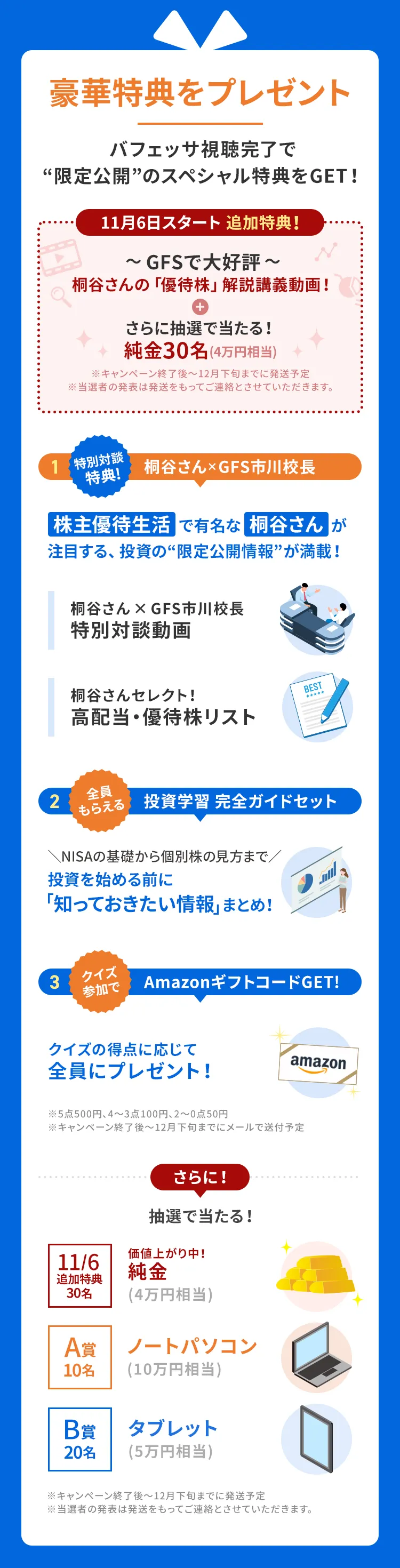 豪華特典をプレゼント バフェッサ視聴完了で“限定公開”のスペシャル特典をGET！ 11月6日スタート 追加特典！〜 GFSで大好評 〜さらに抽選で当たる！※キャンペーン終了後〜12月下旬までに発送予定11/6価値上がり中！純金(4万円相当)追加特典30名※当選者の発表は発送をもってご連絡とさせていただきます。純金30名(4万円相当)桐谷さんの「優待株」解説講義動画！特別対談特典!桐谷さん×GFS市川校長株主優待生活で有名な桐谷さんが注目する、投資の“限定公開情報”が満載！桐谷さん × GFS市川校長特別対談動画 桐谷さんセレクト！高配当・優待株リスト全員もらえる投資学習 完全ガイドセット＼NISAの基礎から個別株の見方まで／投資を始める前に「知っておきたい情報」まとめ！クイズ参加でAmazonギフトコードGET!クイズの得点に応じて全員にプレゼント！※5点500円、4〜3点100円、2〜0点50円※キャンペーン終了後〜12月下旬までにメールで送付予定さらに！抽選で当たる！A賞10名ノートパソコン(10万円相当)B賞20名タブレット(5万円相当)※キャンペーン終了後〜12月下旬までに発送予定※当選者の発表は発送をもってご連絡とさせていただきます。